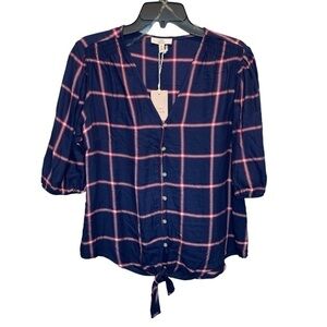 Como Vintage Plaid Tie Front Top in Navy Tango Red Small New